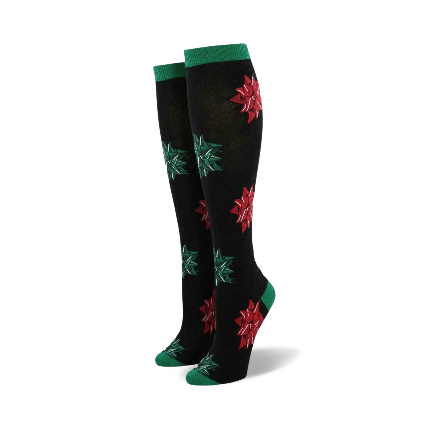 Pair of women's knee-high socks. Black with red and green Christmas bows. Green cuffs.