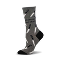 Grey crew socks with a pattern of white knives and the text 'No Spoons Only Knives'.  Black heel and toe.