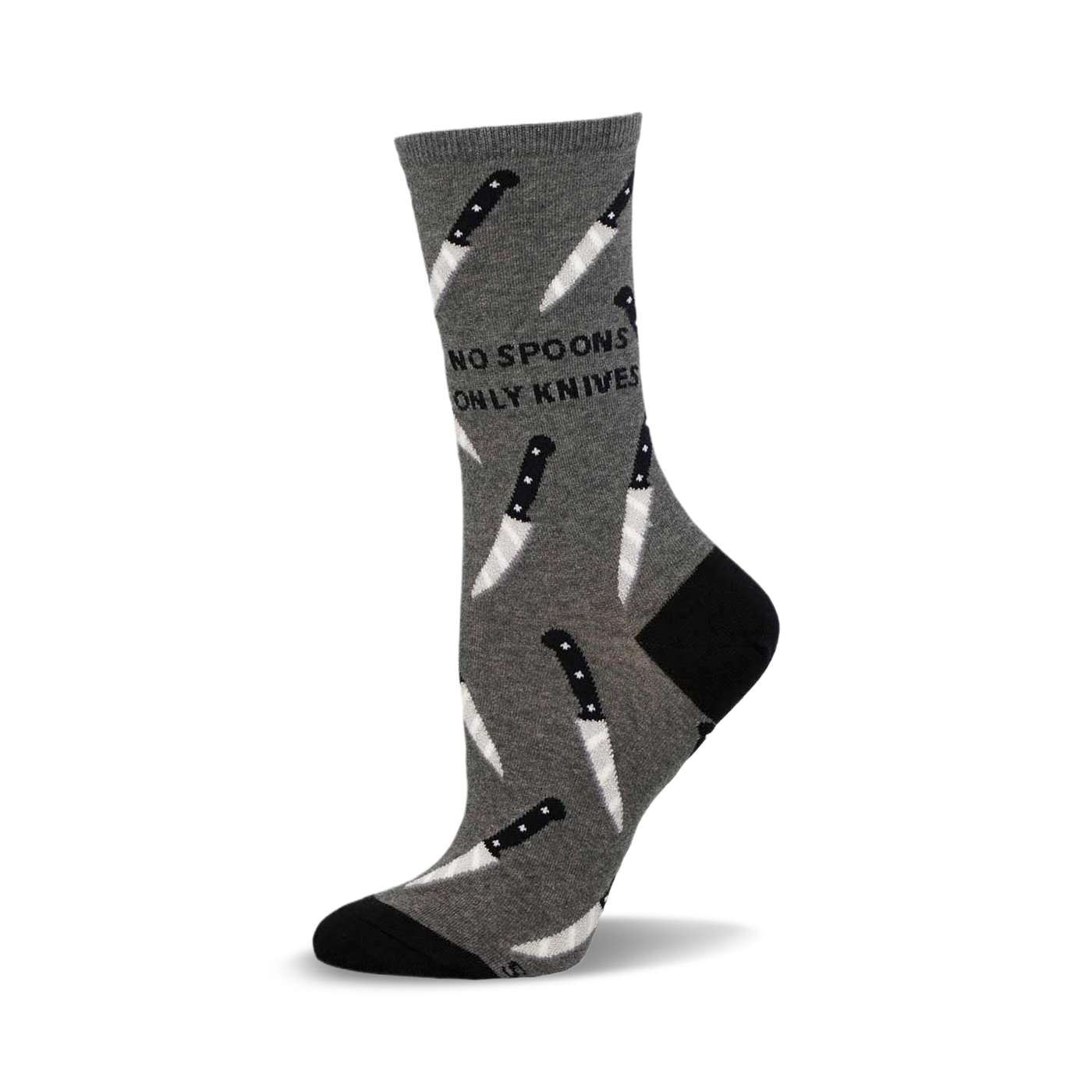 Grey crew socks with a pattern of white knives and the text 'No Spoons Only Knives'.  Black heel and toe.