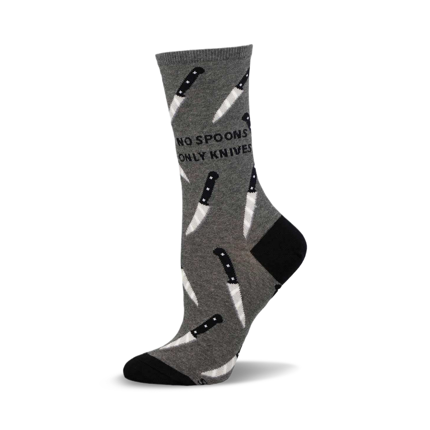 Grey crew socks with a pattern of white knives and the text 'No Spoons Only Knives'.  Black heel and toe.