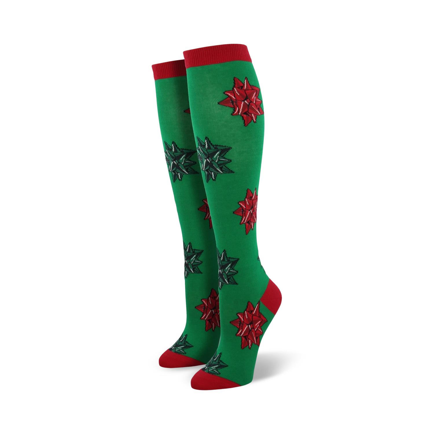 Pair of women's green knee-high socks with red and green Christmas bows. Red cuffs.