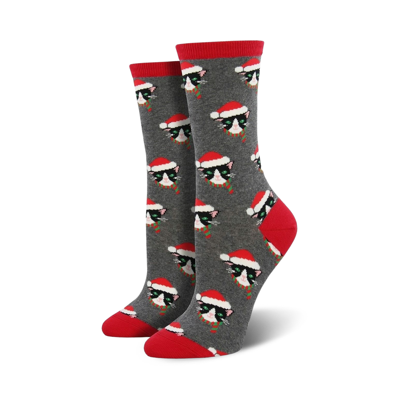 Pair of women's crew socks; gray background with repeating pattern of black cats wearing Santa hats and scarves.