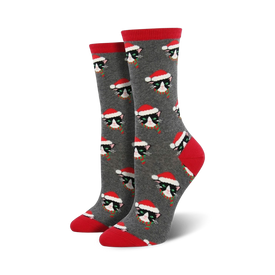 gray crew socks with black cats wearing red santa hats.  christmas novelty socks for women.   