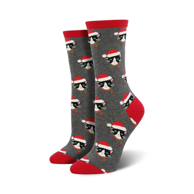 gray crew socks with black cats wearing red santa hats.  christmas novelty socks for women.   