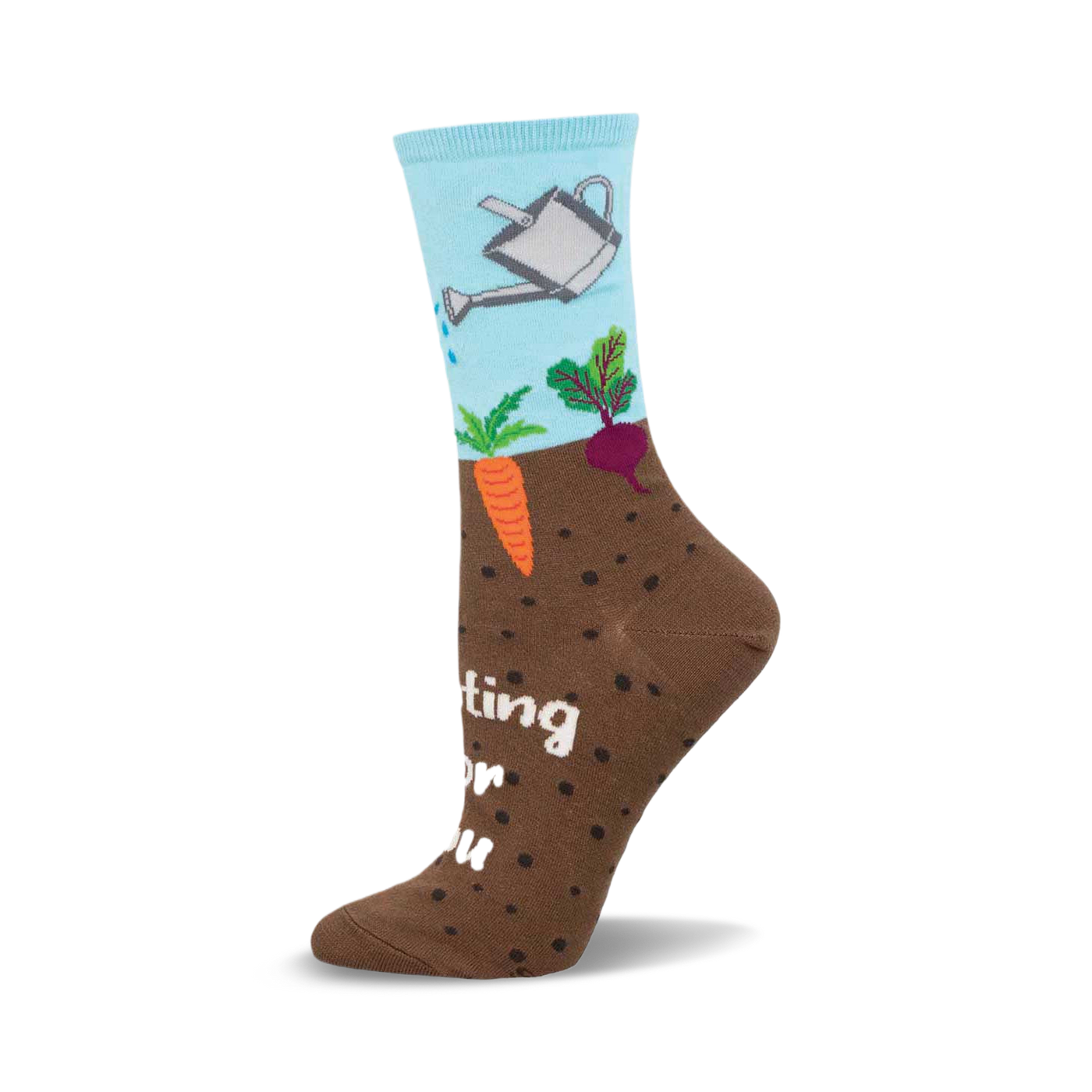 Crew socks in brown and light blue. Design includes a watering can, carrots, and beets emerging from the ground. Text says, "Rooting for you."