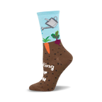 Crew socks in brown and light blue. Design includes a watering can, carrots, and beets emerging from the ground. Text says, "Rooting for you."