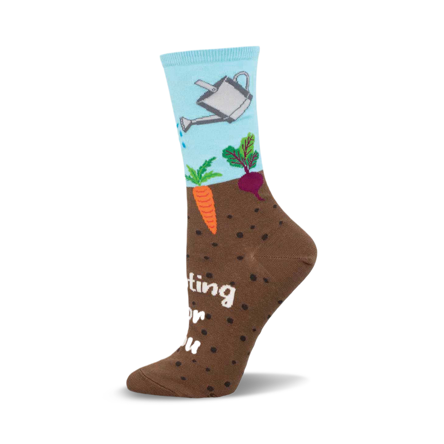 Crew socks in brown and light blue. Design includes a watering can, carrots, and beets emerging from the ground. Text says, "Rooting for you."