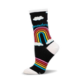 Crew socks in black with a colorful rainbow, white clouds, and 'Somewhere' text. Rainbow features red, orange, yellow, green, blue, and indigo stripes.
