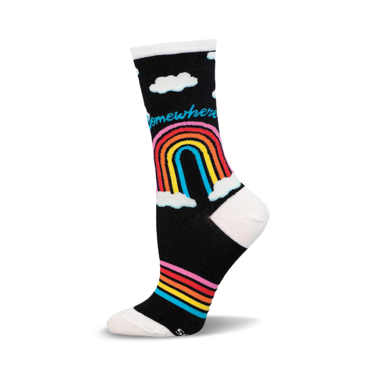 Crew socks in black with a colorful rainbow, white clouds, and 'Somewhere' text. Rainbow features red, orange, yellow, green, blue, and indigo stripes.