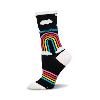 Black crew sock with a rainbow, white clouds, 'Somewhere' text, and colorful stripes near the toe. White heel and toe.