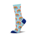 Crew socks in pastel blue with repeating rainbow and 'PRIDE' text design.  The socks have a navy blue heel and toe.
