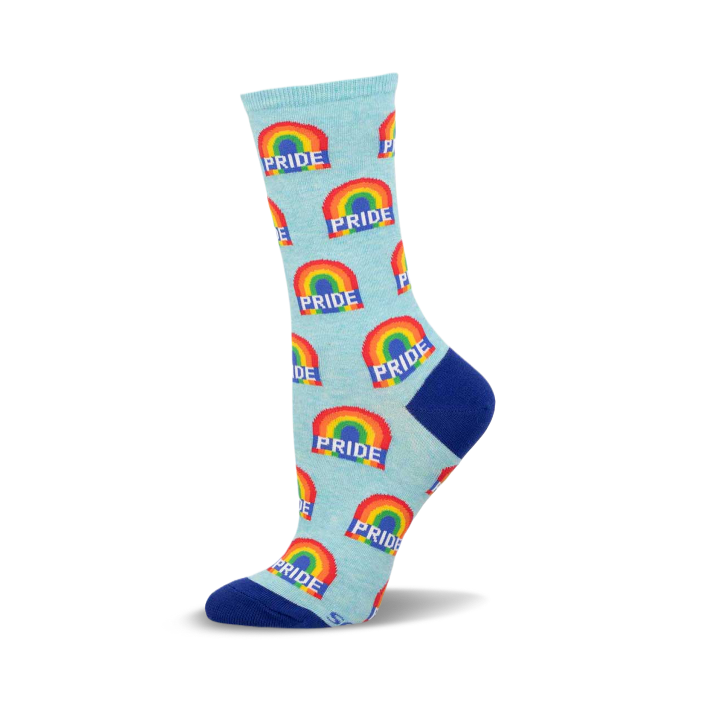 Crew socks in pastel blue with repeating rainbow and 'PRIDE' text design.  The socks have a navy blue heel and toe.