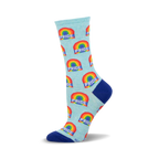 Crew socks in pastel blue with repeating rainbow and 'PRIDE' text design.  The socks have a navy blue heel and toe.