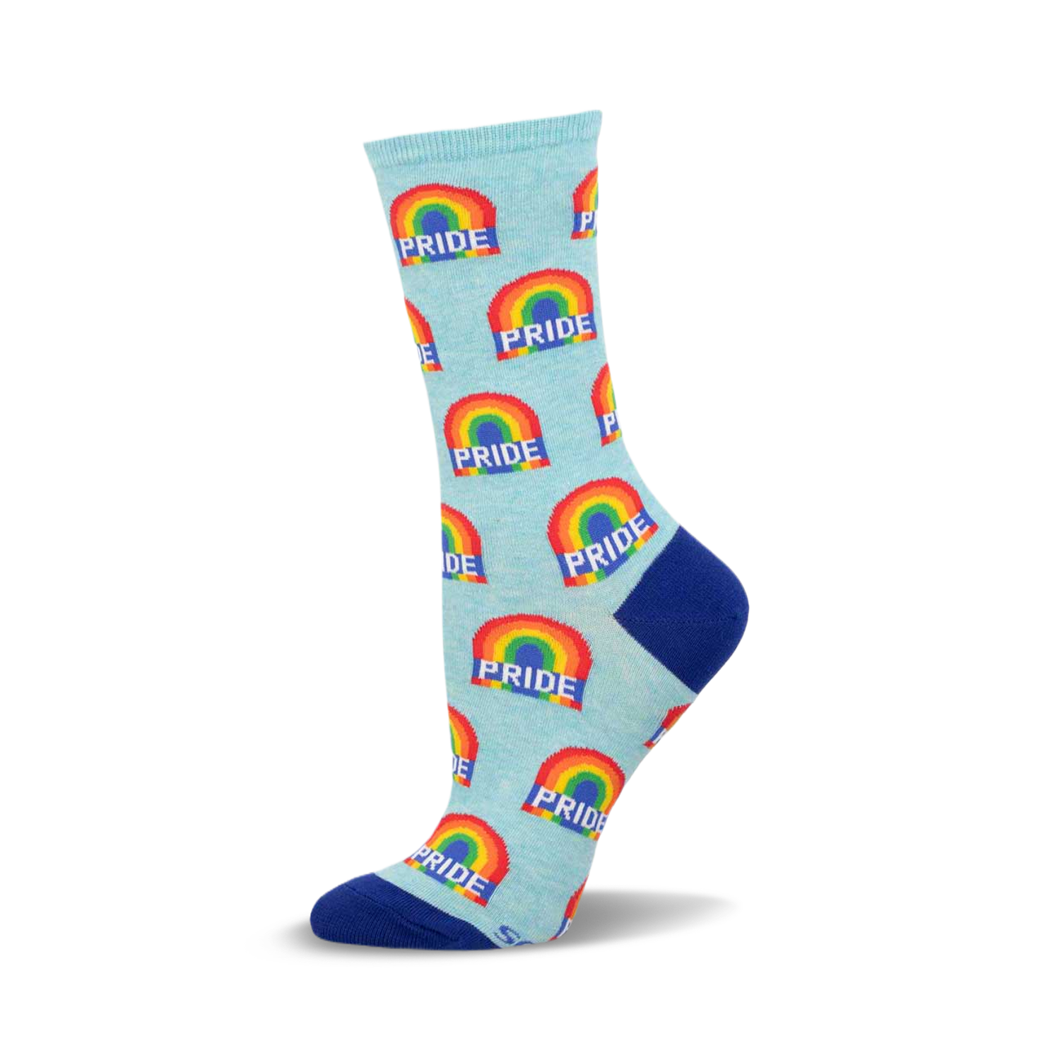 Crew socks in pastel blue with repeating rainbow and 'PRIDE' text design.  The socks have a navy blue heel and toe.