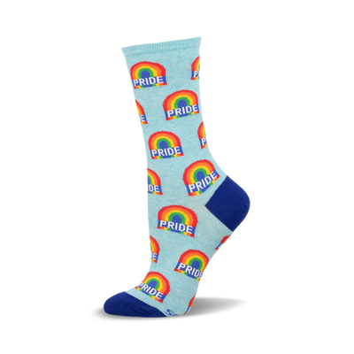 Light blue crew sock with repeating rainbow arches and "PRIDE" text. Dark blue heel, toe, and cuff are visible.
