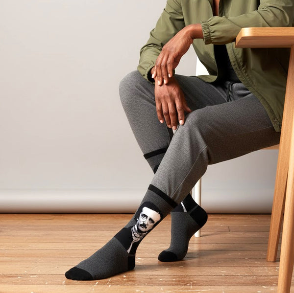 Model wearing dark grey crew sock with Edgar Allan Poe portrait and black stripes, grey pants & olive jacket indoors. [lf]