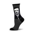 Gray crew socks with a black and white portrait of Edgar Allan Poe on the leg.  Stylish and literary!