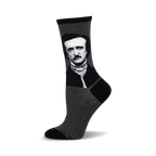 Gray crew socks with a black and white portrait of Edgar Allan Poe on the leg.  Stylish and literary!
