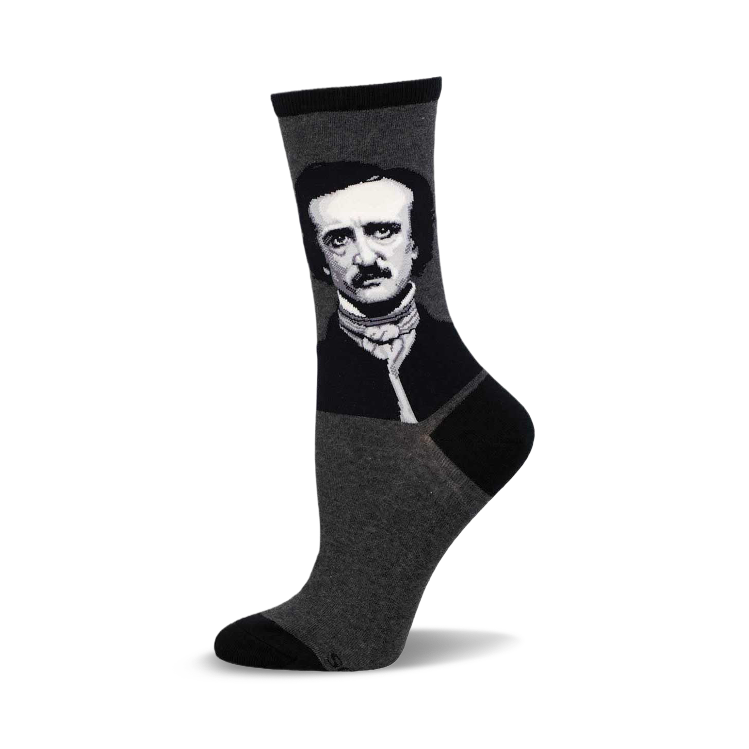 Gray crew socks with a black and white portrait of Edgar Allan Poe on the leg.  Stylish and literary!