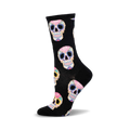 Black crew socks with a colorful sugar skull pattern. The skulls feature pink, blue, yellow, and orange floral details.