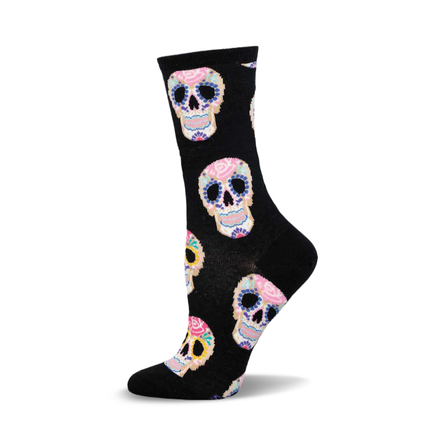 Black crew socks with a colorful sugar skull pattern. The skulls feature pink, blue, yellow, and orange floral details.