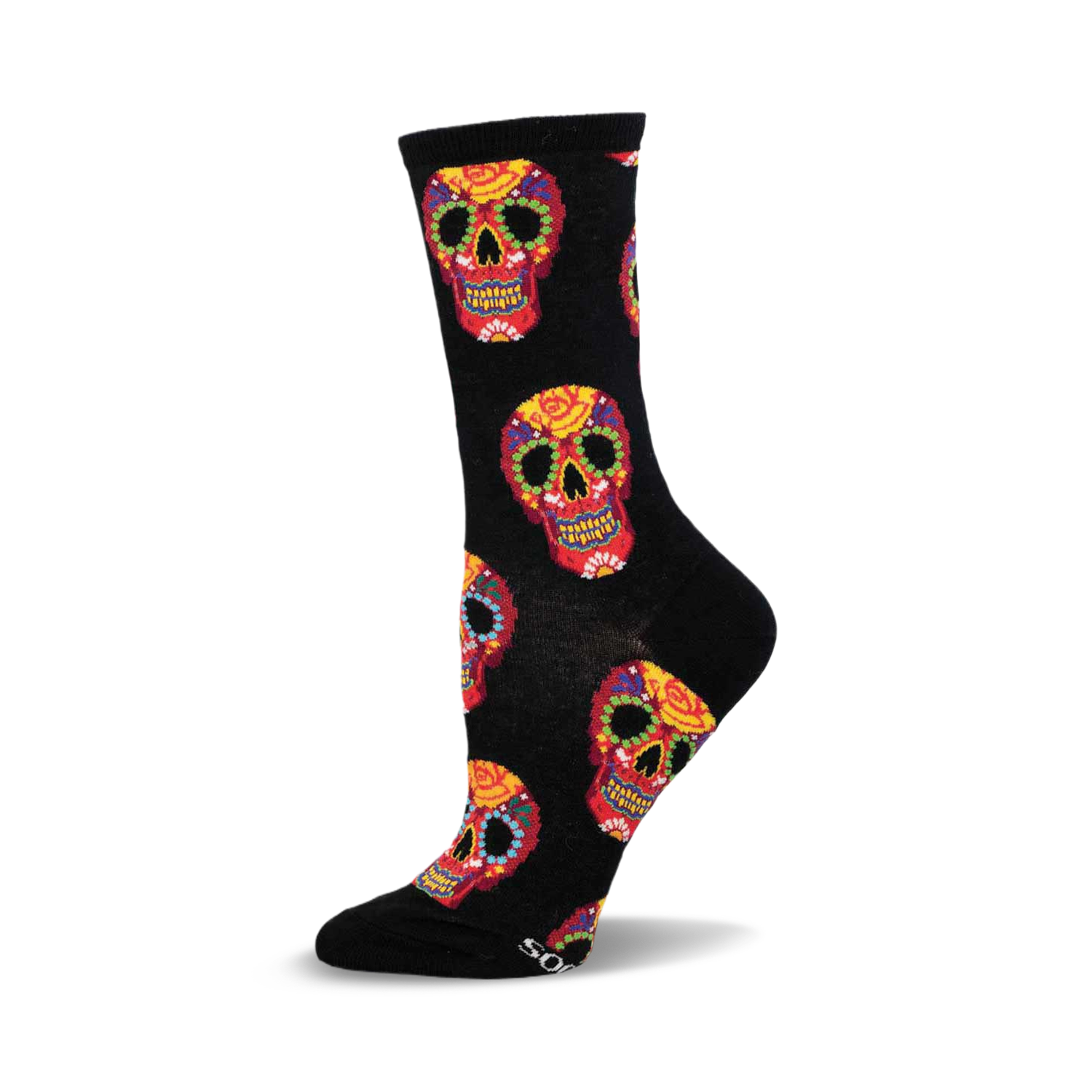 Close-up showing detail of the colorful sugar skull designs on the black socks.