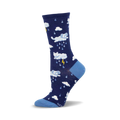 Crew socks in navy blue with a pattern of white clouds, cats, dogs, and lightning bolts. Light blue accents at the toe and cuff.
