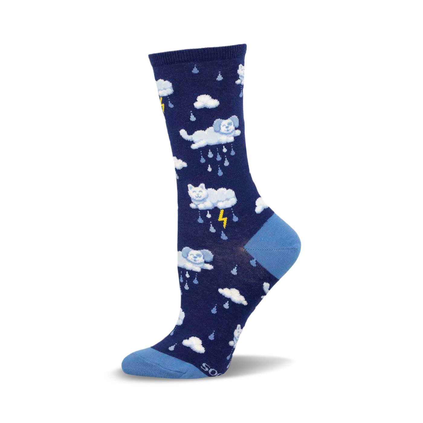 Crew socks in navy blue with a pattern of white clouds, cats, dogs, and lightning bolts. Light blue accents at the toe and cuff.