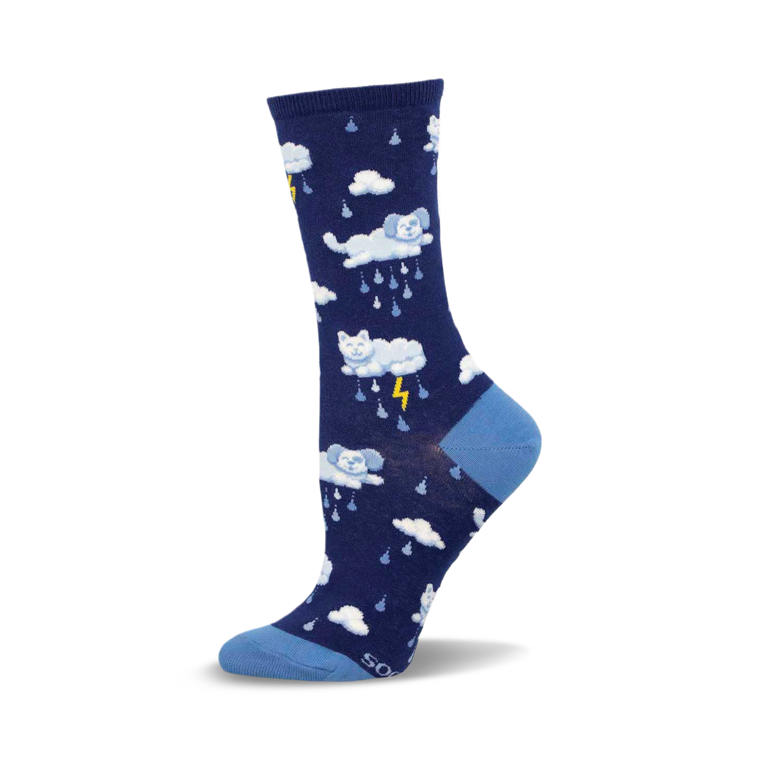 Crew socks in navy blue with a pattern of white clouds, cats, dogs, and lightning bolts. Light blue accents at the toe and cuff.