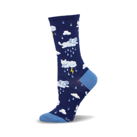 a blue sock with a pattern of white cats sleeping in clouds with yellow lightning bolts and raindrops.  the sock is blue with a blue toe and heel.