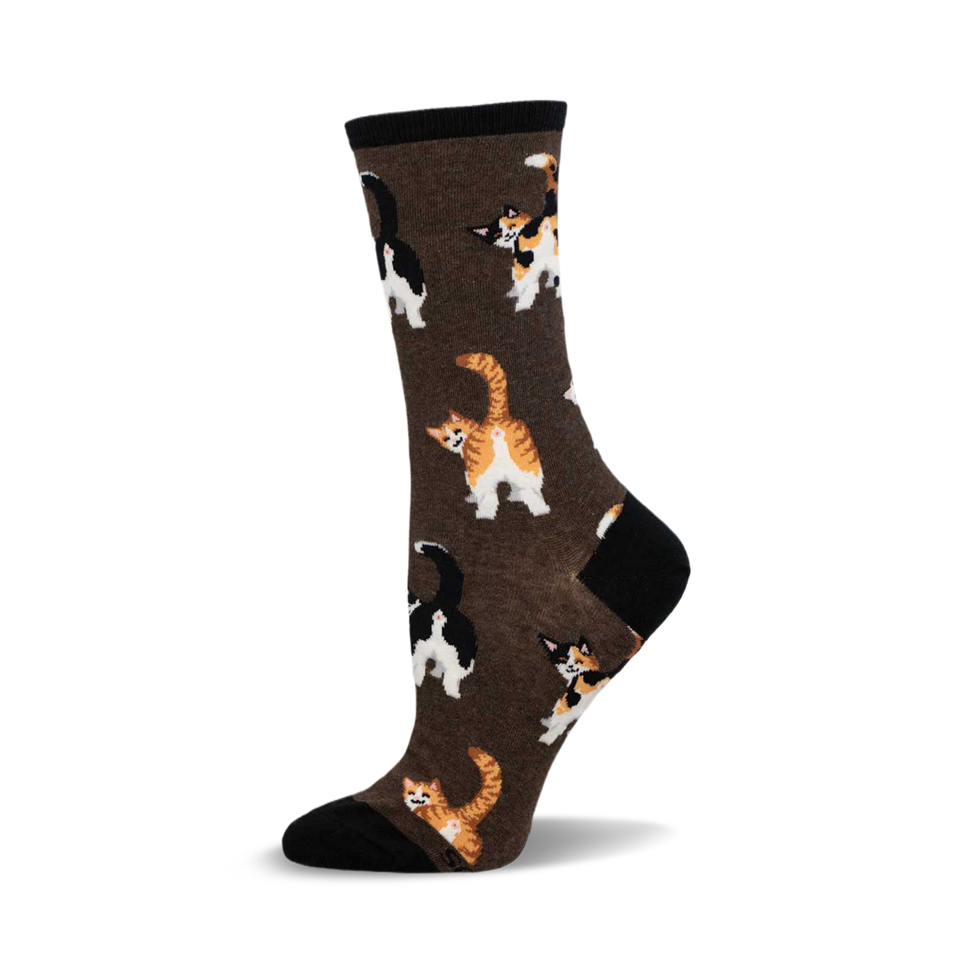 A brown crew sock with a pattern of colorful cats' backsides.  The cats are orange, black, and white.