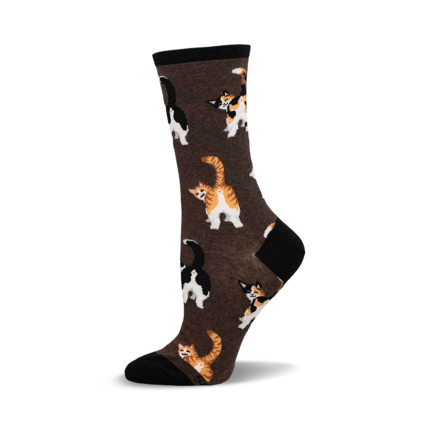A brown crew sock with a pattern of colorful cats' backsides.  The cats are orange, black, and white.
