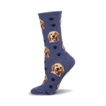 Crew socks in blue featuring a pattern of Golden Retriever faces and black paw prints.