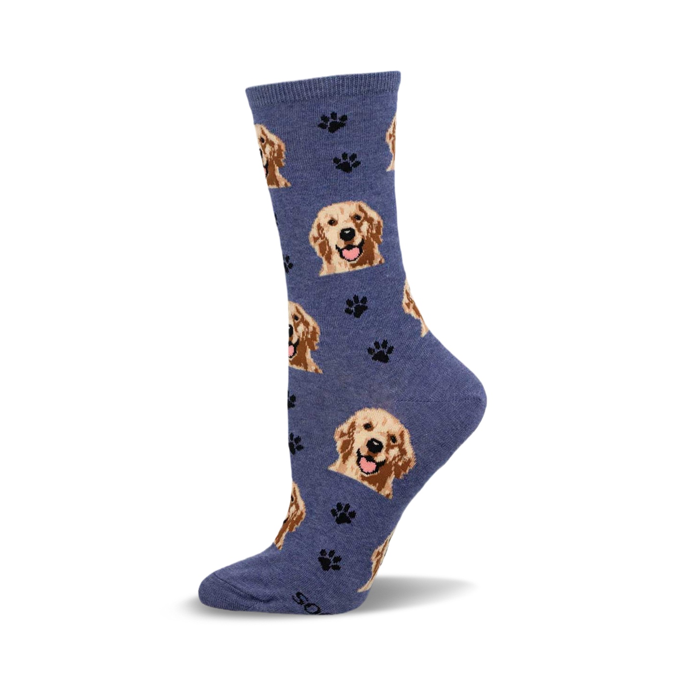 Crew socks in blue featuring a pattern of Golden Retriever faces and black paw prints.