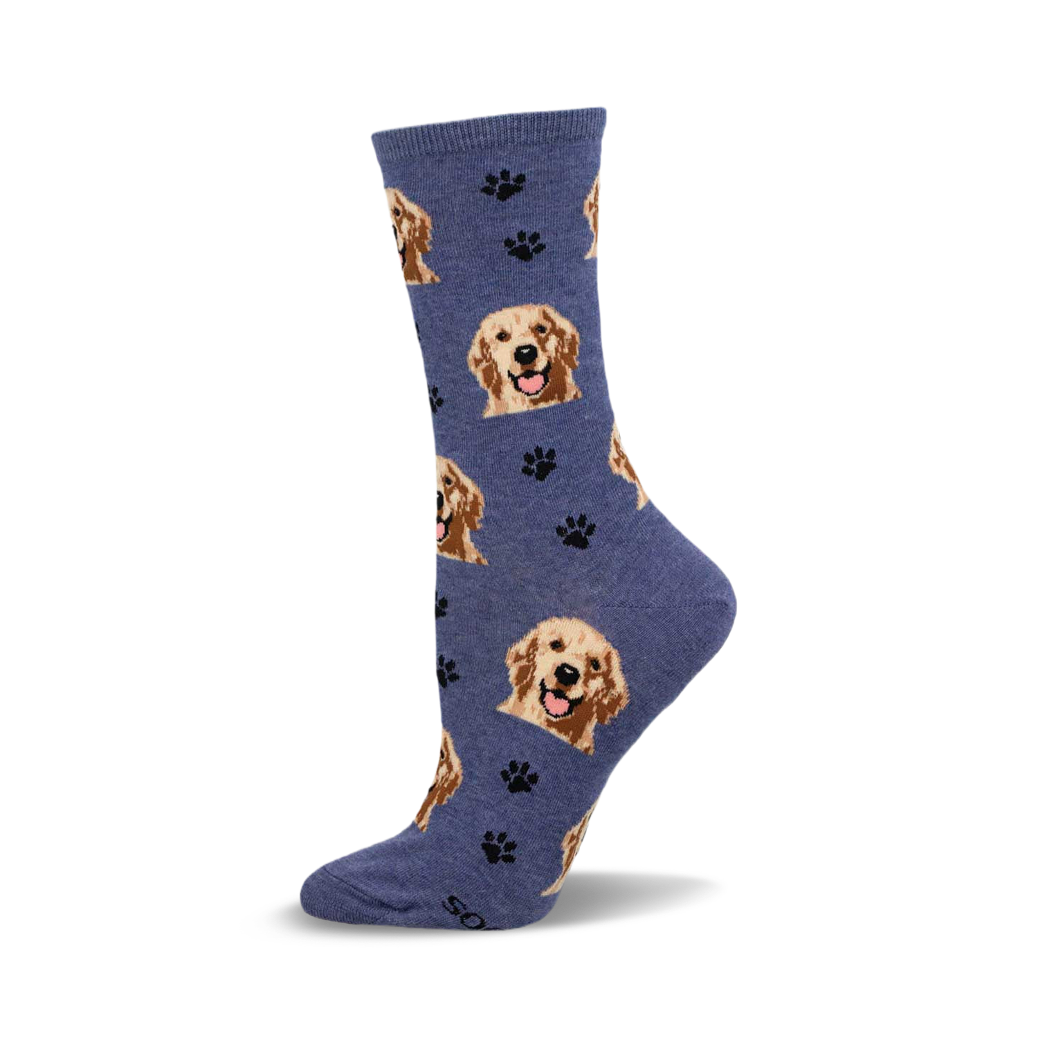 Crew socks in blue featuring a pattern of Golden Retriever faces and black paw prints.