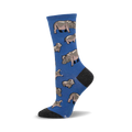 Crew socks in blue featuring a pattern of cartoon hippos in varying sizes. The socks have a grey heel and toe.