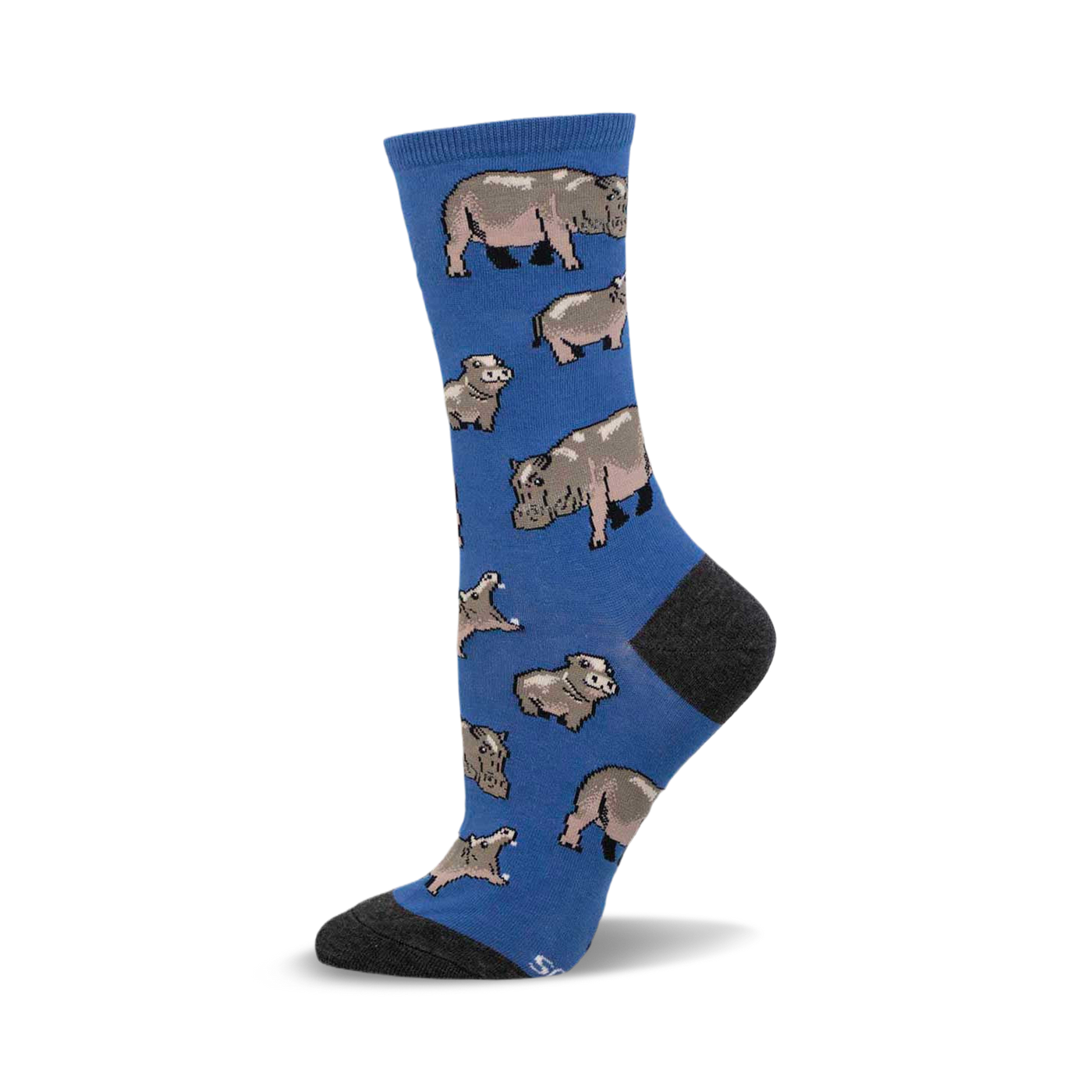 Crew socks in blue featuring a pattern of cartoon hippos in varying sizes. The socks have a grey heel and toe.