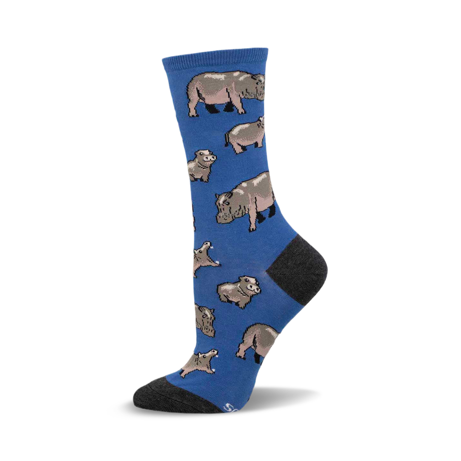 Crew socks in blue featuring a pattern of cartoon hippos in varying sizes. The socks have a grey heel and toe.