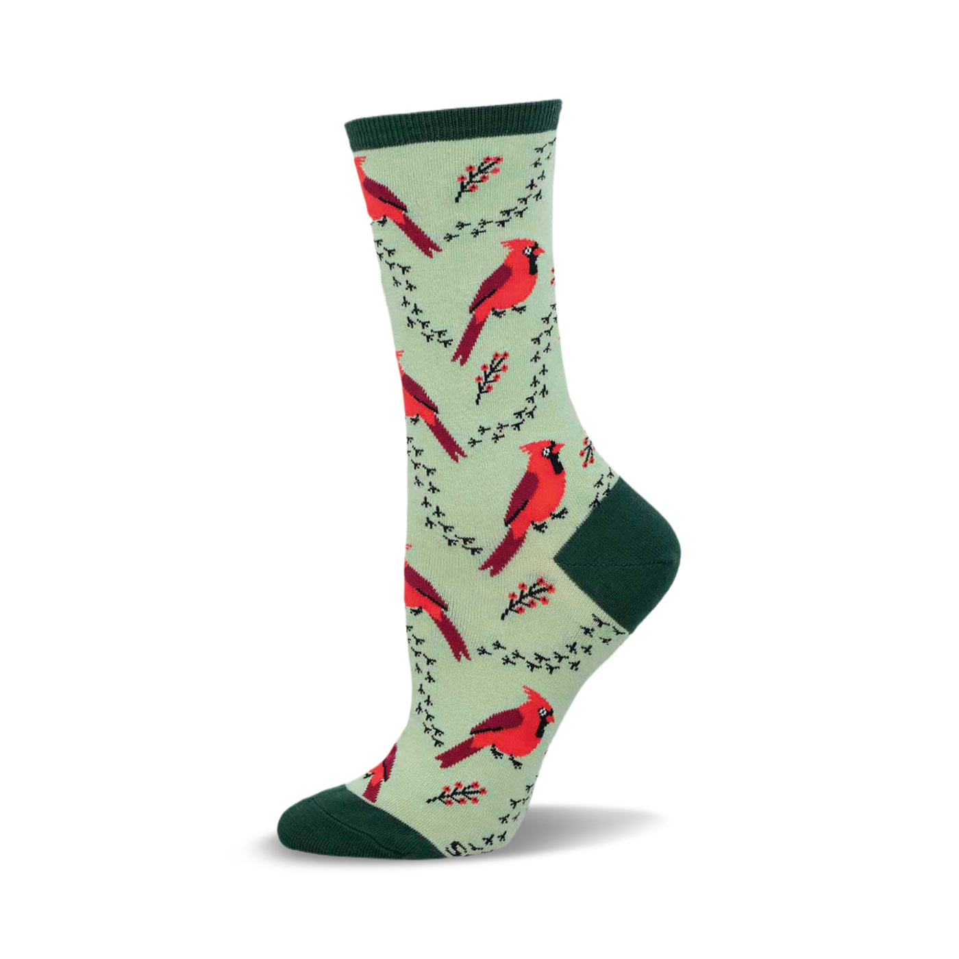 Side view of a crew sock featuring red cardinals and green branches on a light green background. The sock has a dark green heel and toe.