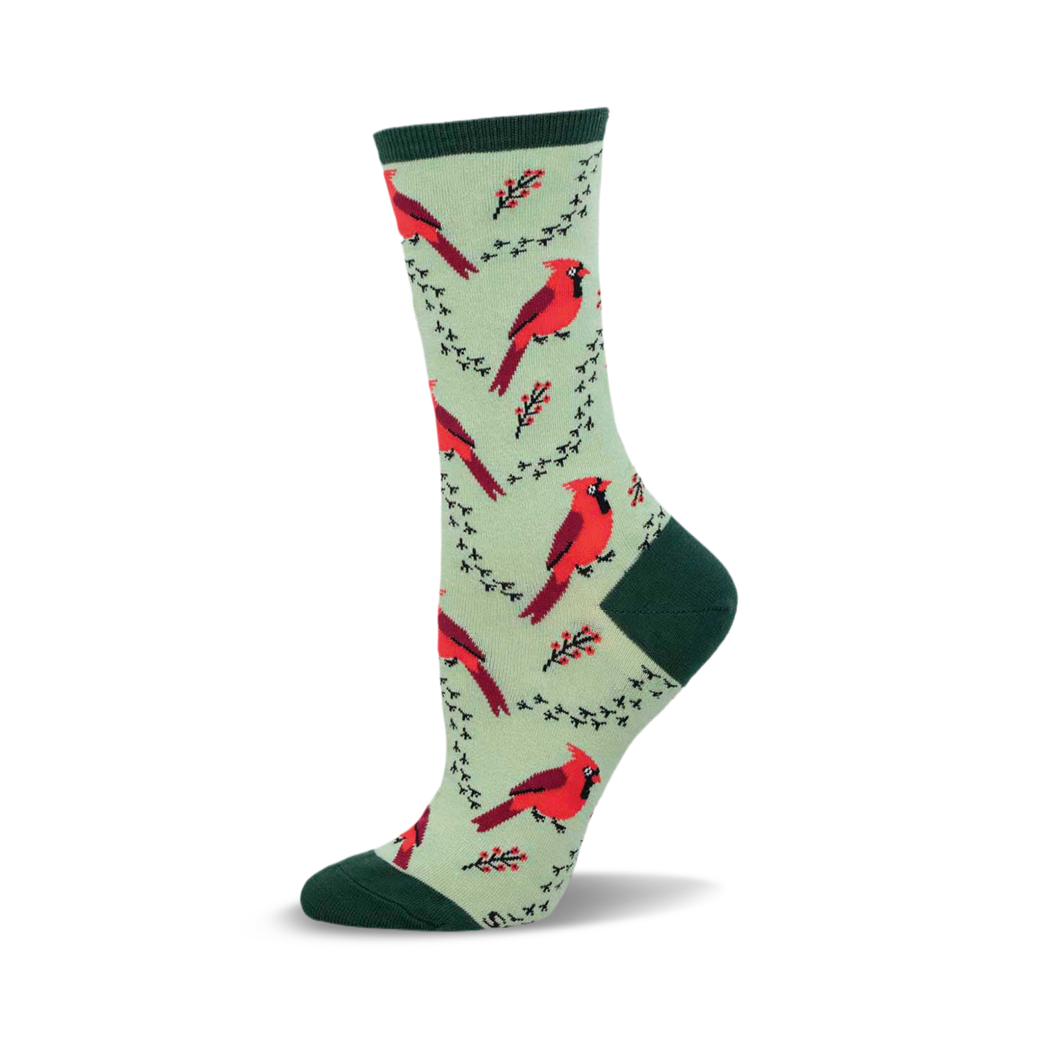 Side view of a crew sock featuring red cardinals and green branches on a light green background. The sock has a dark green heel and toe.