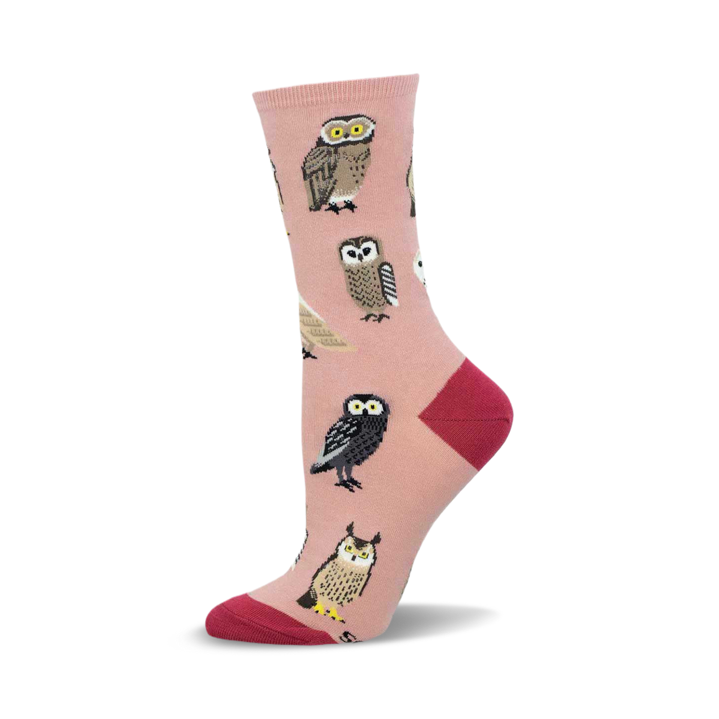 Crew socks in blush pink with illustrated owls in various colors and patterns. Red heel and toe.