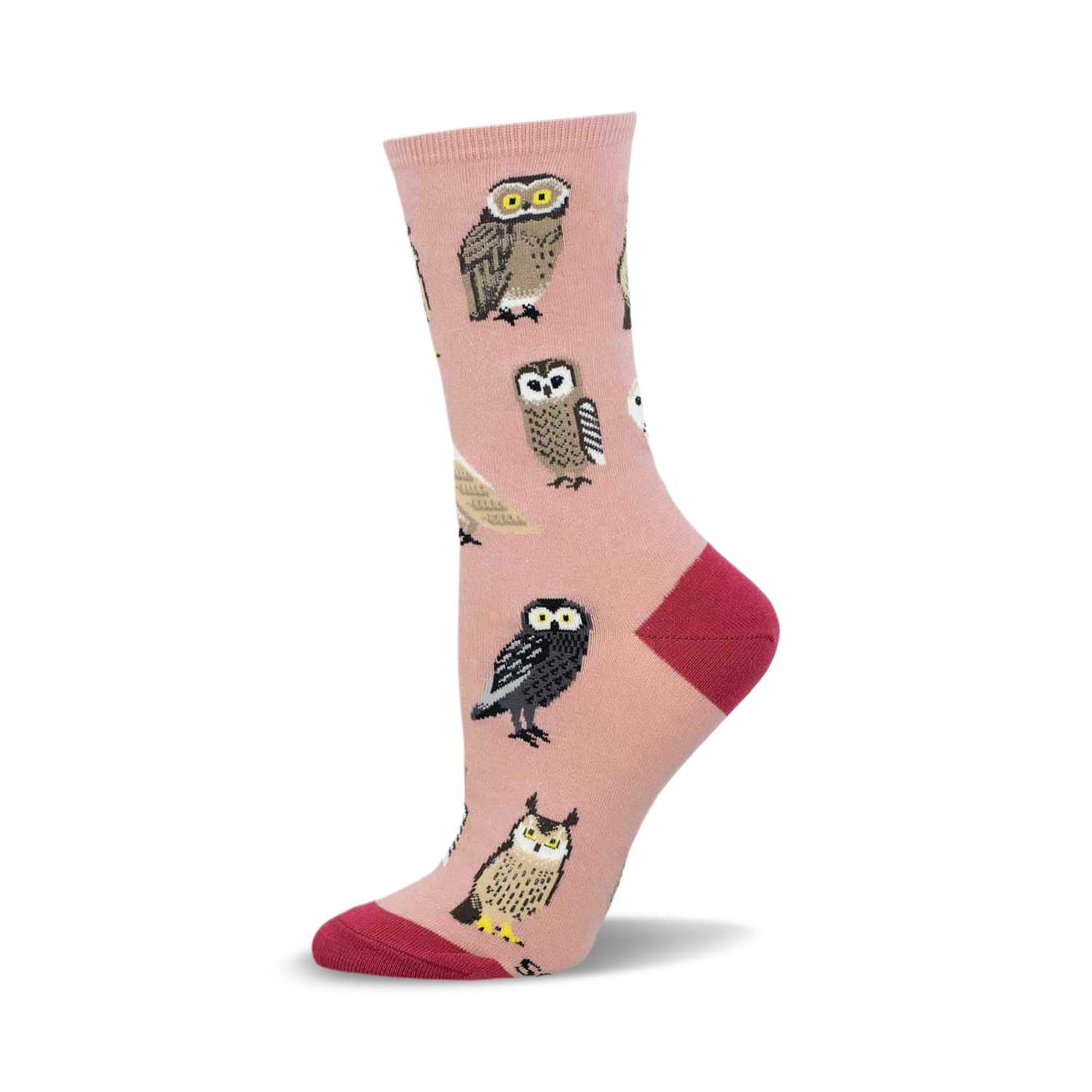 Crew socks in blush pink with illustrated owls in various colors and patterns. Red heel and toe.
