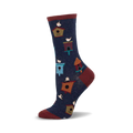 Crew socks in navy blue with colorful birdhouses and birds.  The socks have maroon cuffs.