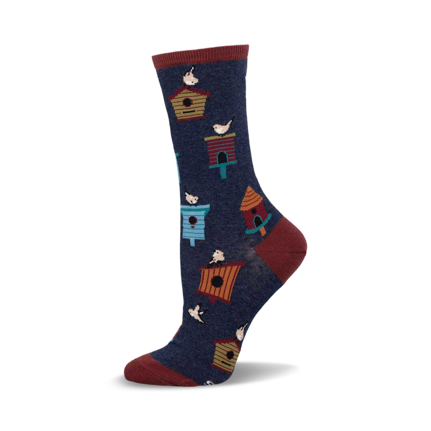 Crew socks in navy blue with colorful birdhouses and birds.  The socks have maroon cuffs.