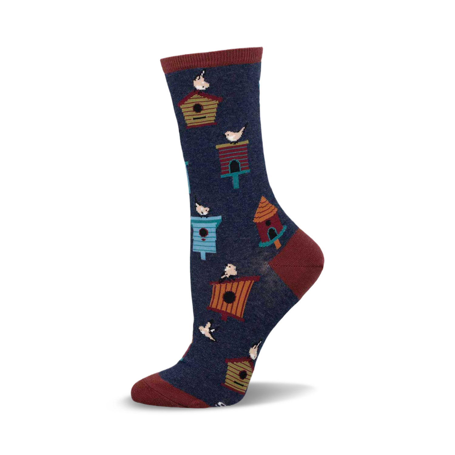 Crew socks in navy blue with colorful birdhouses and birds.  The socks have maroon cuffs.