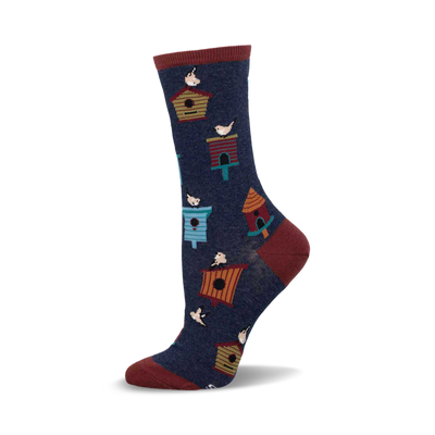 a blue sock with a red cuff. there are multiple small, colorful birdhouses and birds on the sock.