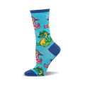Crew socks in light blue with a pattern of cartoon dragons smoking. Dragons are green, pink, and yellow.