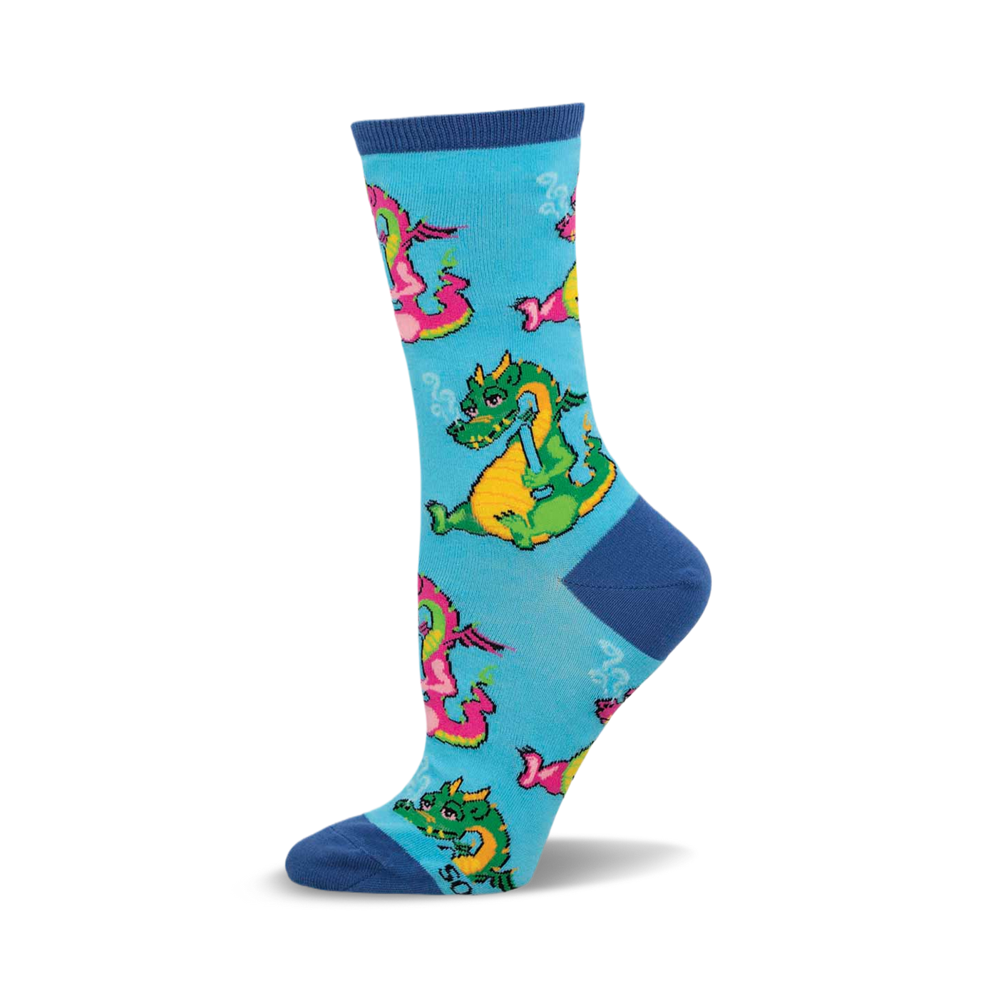 Crew socks in light blue with a pattern of cartoon dragons smoking. Dragons are green, pink, and yellow.