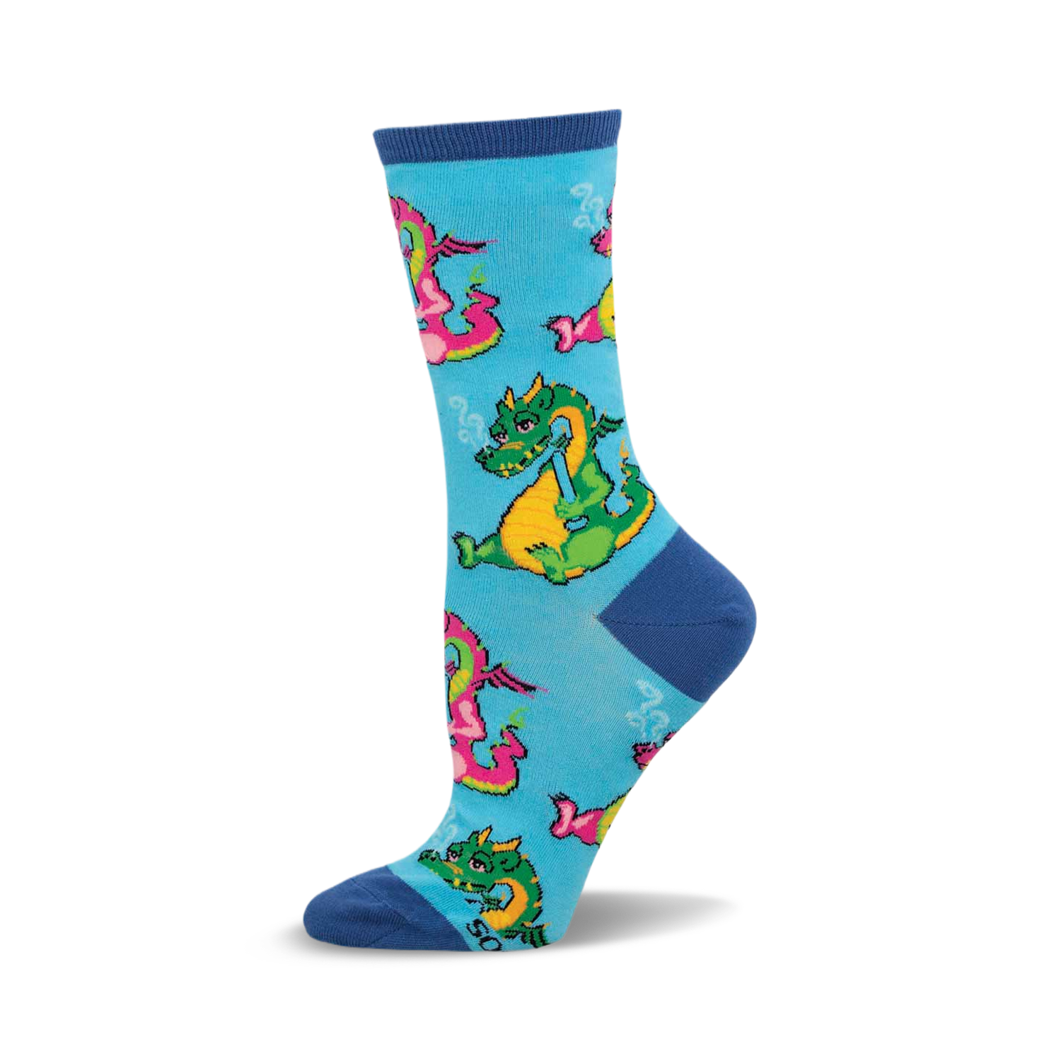 Crew socks in light blue with a pattern of cartoon dragons smoking. Dragons are green, pink, and yellow.