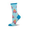 Crew socks in light blue and teal, featuring a repeating pattern of pixelated brains on fire with a banner reading 'Overthinker'.